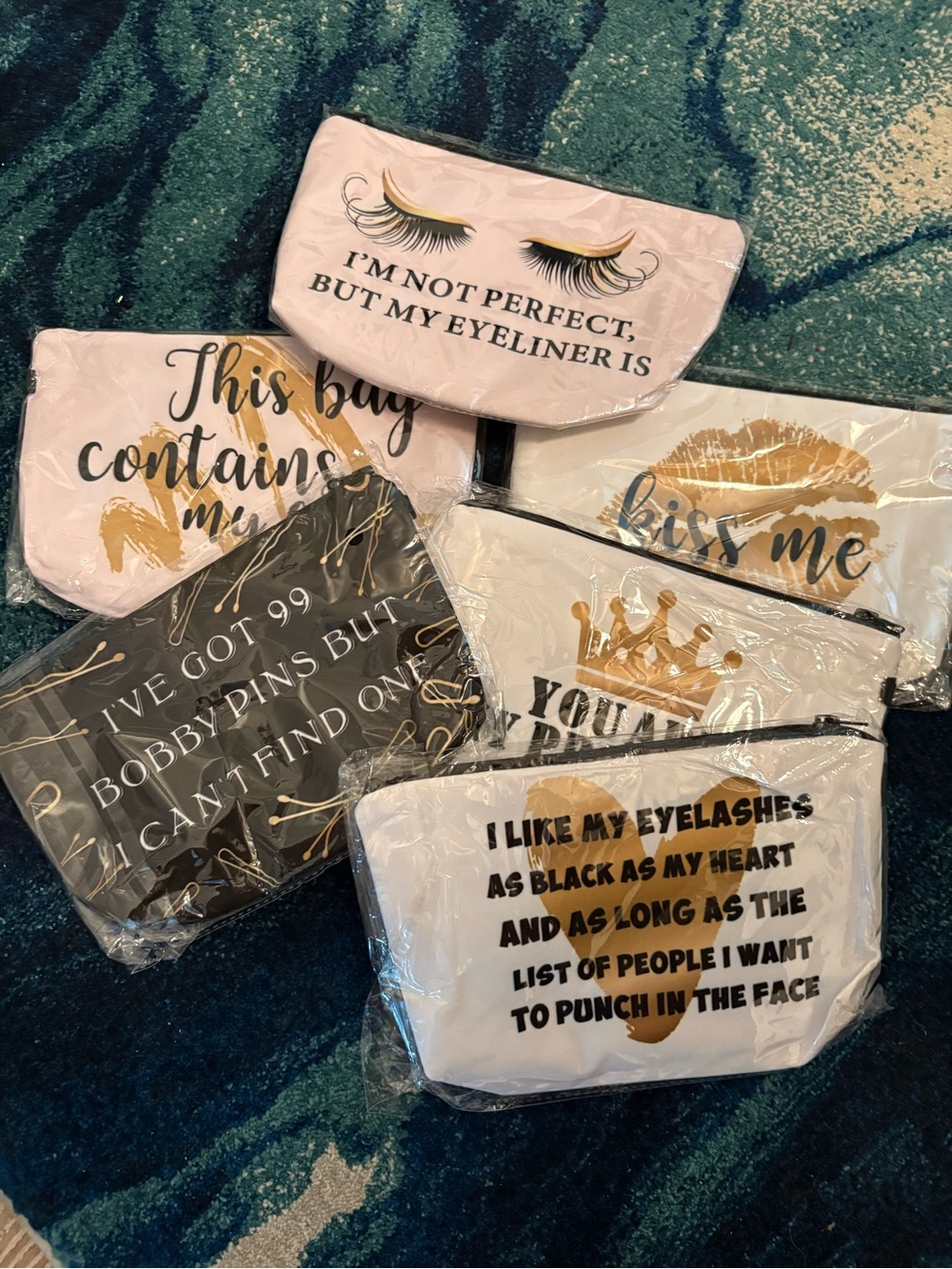 Funny Makeup Bags with Gold Accent Prints - Assorted. Phrases on both sides.